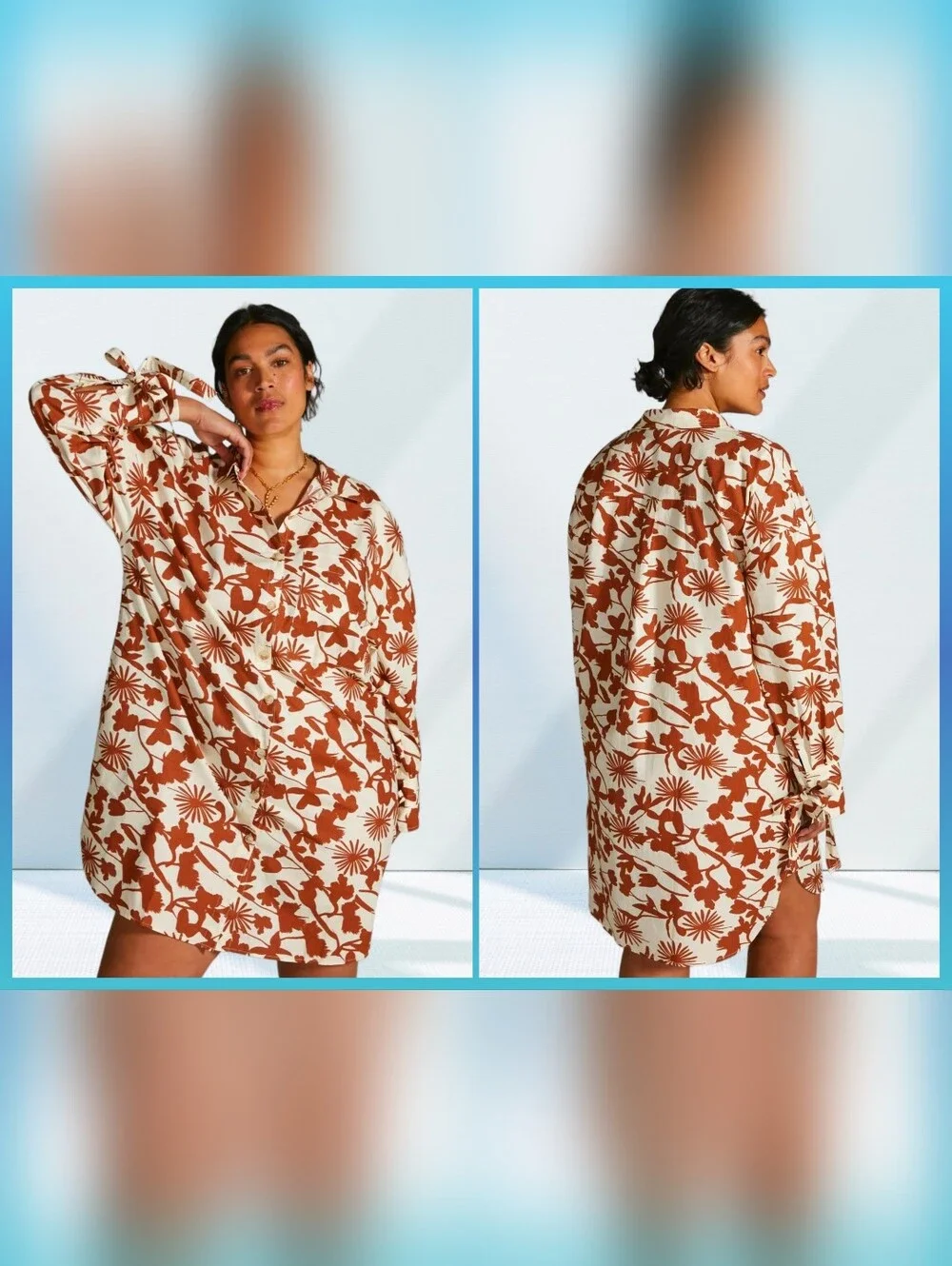 Sunday In Brooklyn Button-Front Mini Shirtdress Cream Rust Botanical Size 3X